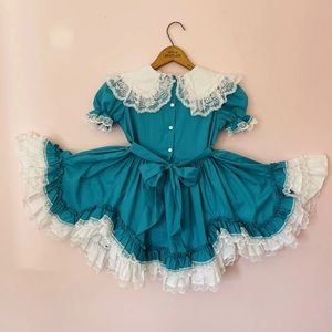 Vintage Lid’l Dolly’s Toddler Circle Teal White Lace Pageant Dress little lil